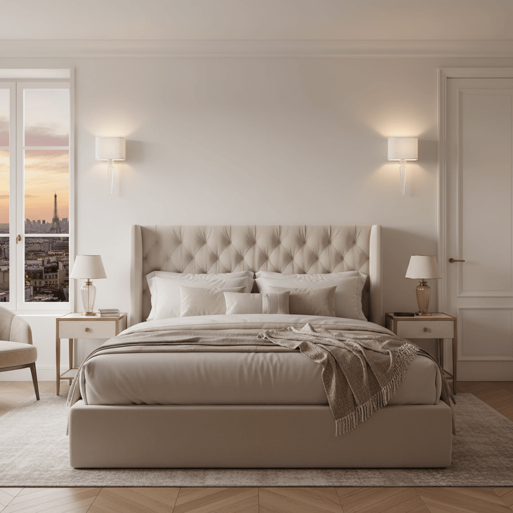 Elegant Crystal Wall Sconce with Linen Shade in a modern bedroom setting, showcasing vintage-inspired lighting elegance.