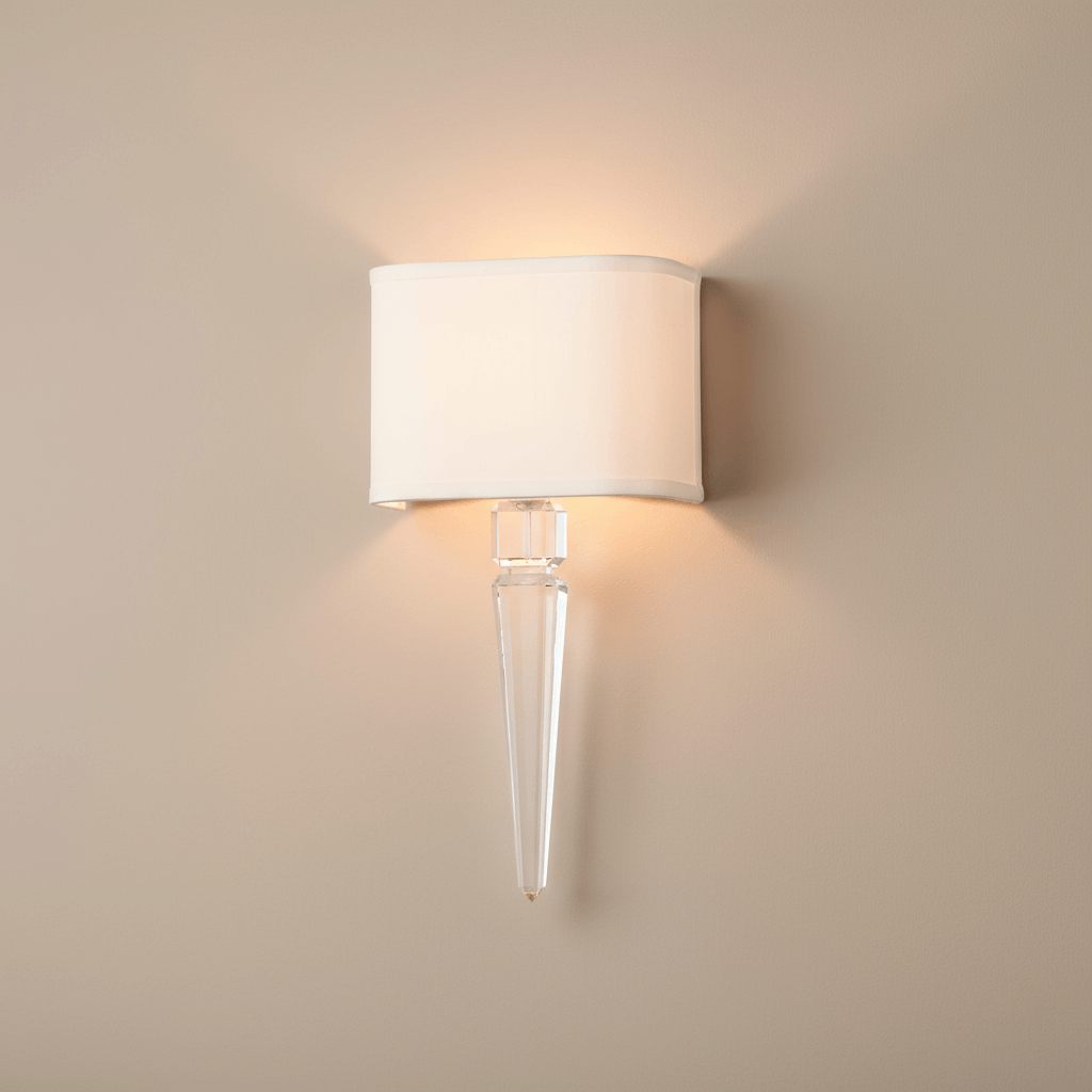 Elegant Crystal Wall Sconce with Linen Shade, refined lighting with vintage glamour by Ian K. Fowler, sculpted crystal body with warm illumination.