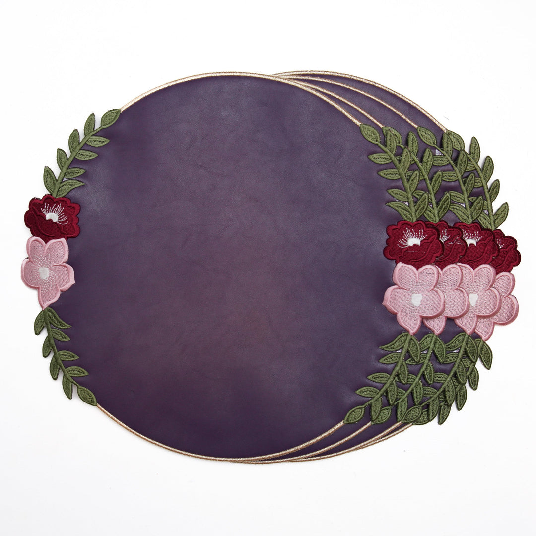 JASMINE PURPLE ORANGE ROUND FAUX LEATHER PLACEMAT (Set Of 4)