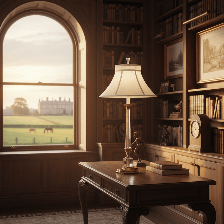 Brass and crystal table lamp on console in old world study