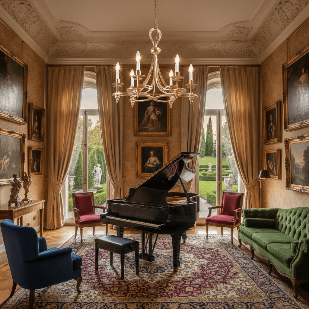 Luxurious room with elegant furniture and Antique Copper Leaf Italian Chandelier hanging from an ornate ceiling for vintage charm.