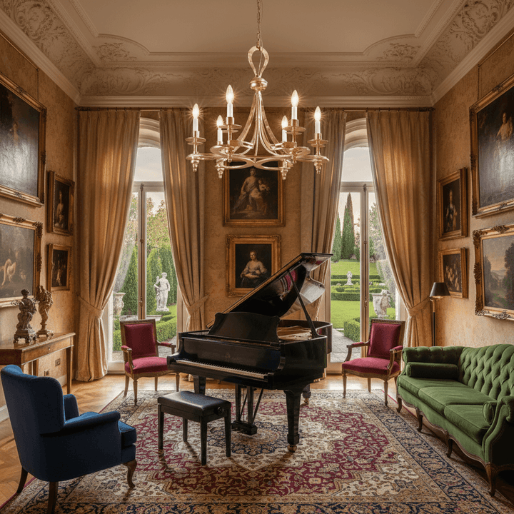 Luxurious room with elegant furniture and Antique Copper Leaf Italian Chandelier hanging from an ornate ceiling for vintage charm.