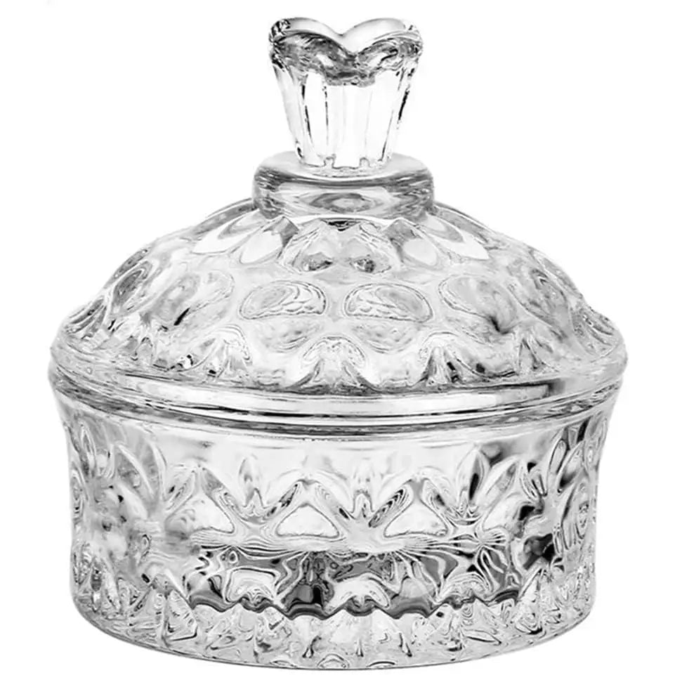 Embossed glass trinket jar with faceted flower lid
