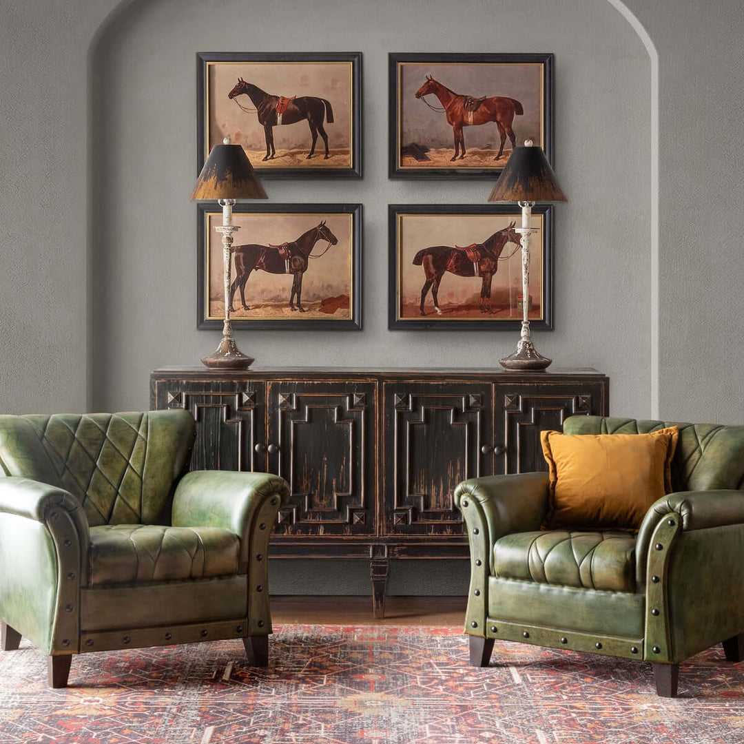 Elegant living room with English Riding Horses Framed Prints by Emil Volker (Set of 4) showcasing equestrian decor.