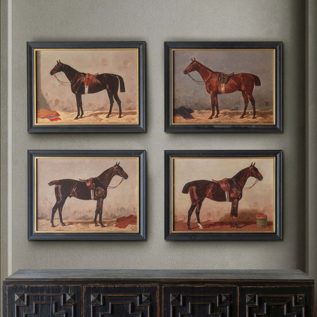 English Riding Horses Framed Prints by Emil Volker (Set of 4) showcasing early 20th-century equestrian art on a beige wall