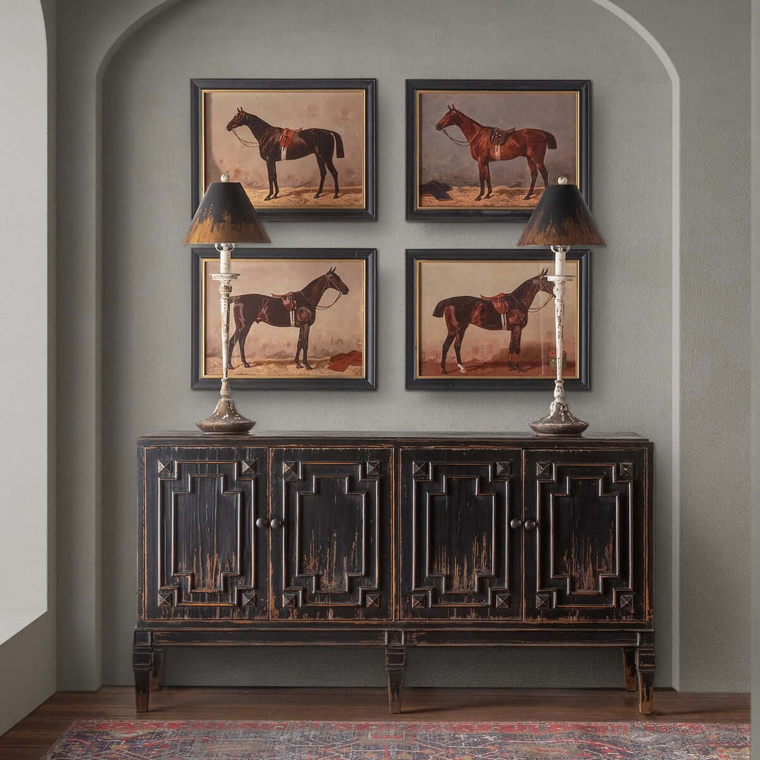English Riding Horses Framed Prints by Emil Volker (Set of 4) showcasing elegant equestrian art above a vintage cabinet.