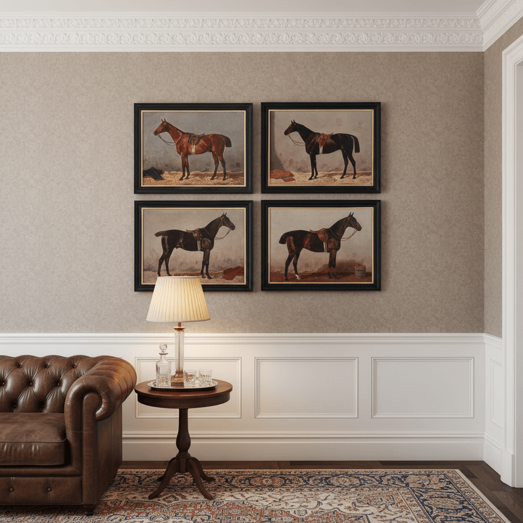 English Riding Horses Framed Prints by Emil Volker (Set of 4) displayed on a wall above a classic leather sofa and lamp.