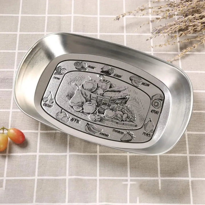 Engraved Country Scene Serving Tray styled with coffee and a pastry