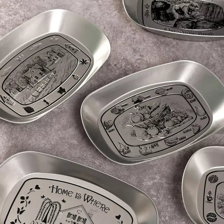 Vegetable and Coffee Engraved Country Scene Serving Trays together
