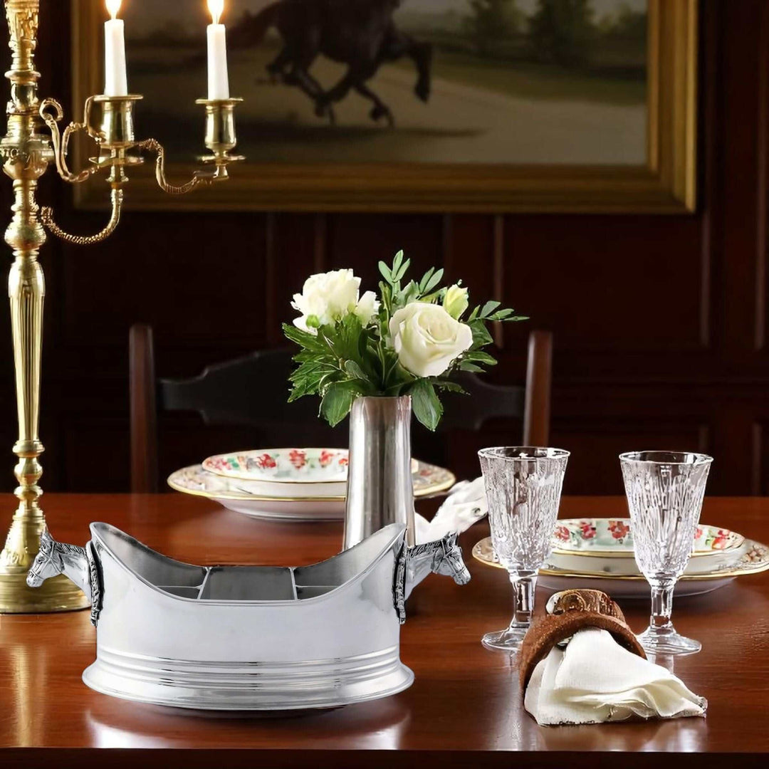 Equestrian Manor Silverware Caddy on elegant dining table with crystal glasses and candles