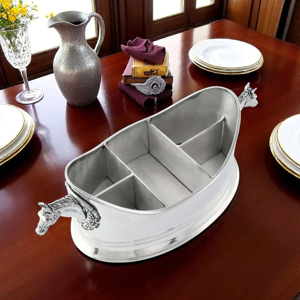 Equestrian Manor Silverware Caddy in polished aluminum with horse detailing on a wooden dining table