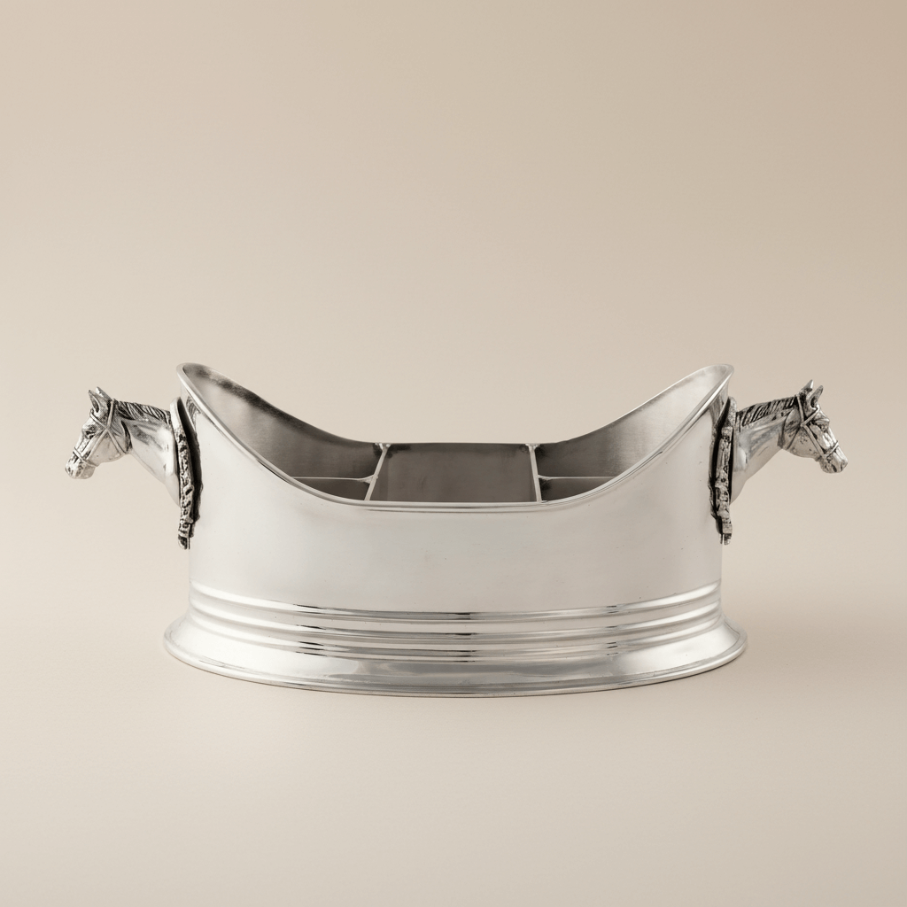 Equestrian Manor Silverware Caddy in hand-cast aluminum with horse head details, evoking English countryside elegance and grace.