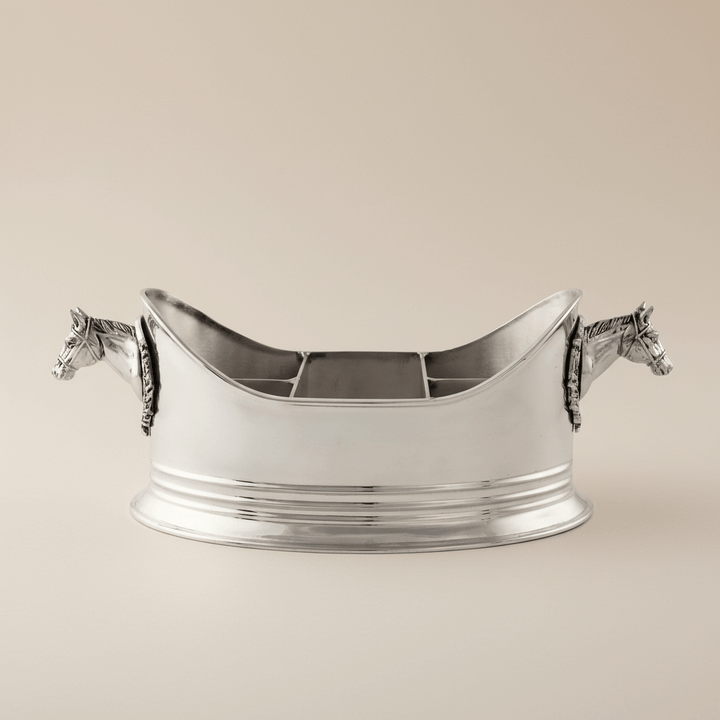 Equestrian Manor Silverware Caddy in hand-cast aluminum with horse head details, evoking English countryside elegance and grace.