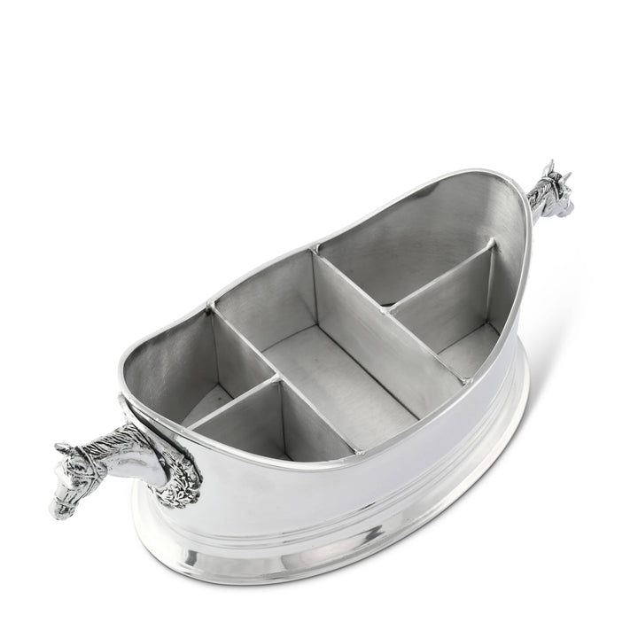 Equestrian Manor Silverware Caddy with horsehead handles, showcasing elegant craftsmanship in polished aluminum.