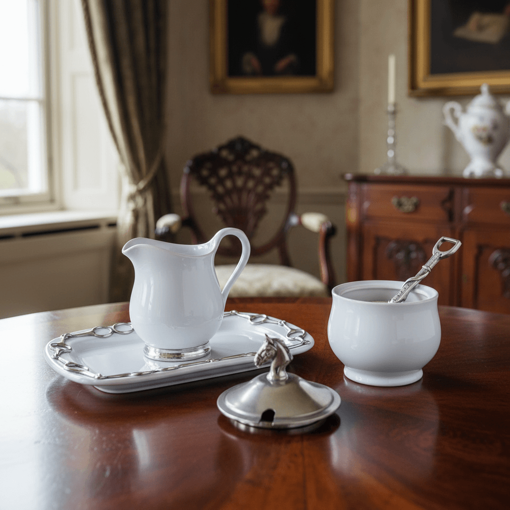 Equestrian Sugar and Creamer Set with Pewter Horse Head Details on antique wooden table.