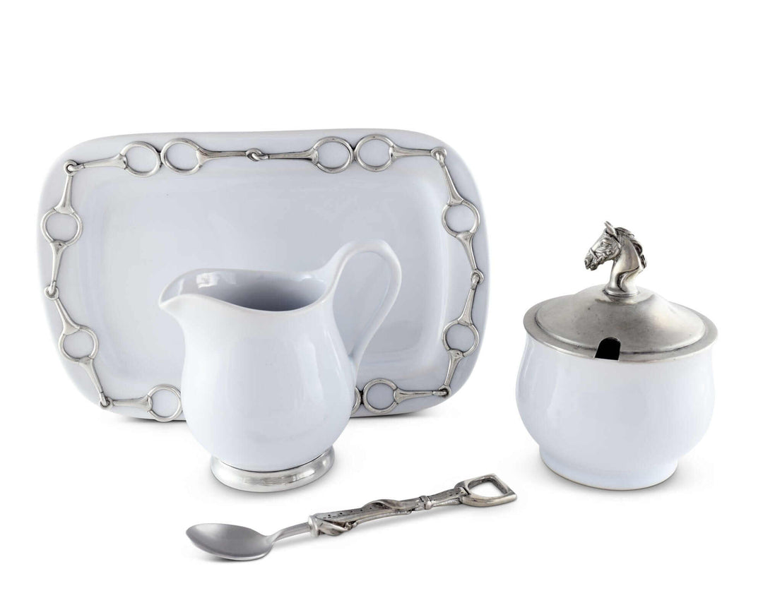 Equestrian Sugar and Creamer Set with Pewter Horse Head Details on stoneware, featuring a classic equestrian-inspired design.