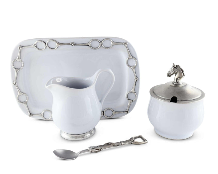 Equestrian Sugar and Creamer Set with Pewter Horse Head Details on stoneware, featuring a classic equestrian-inspired design.