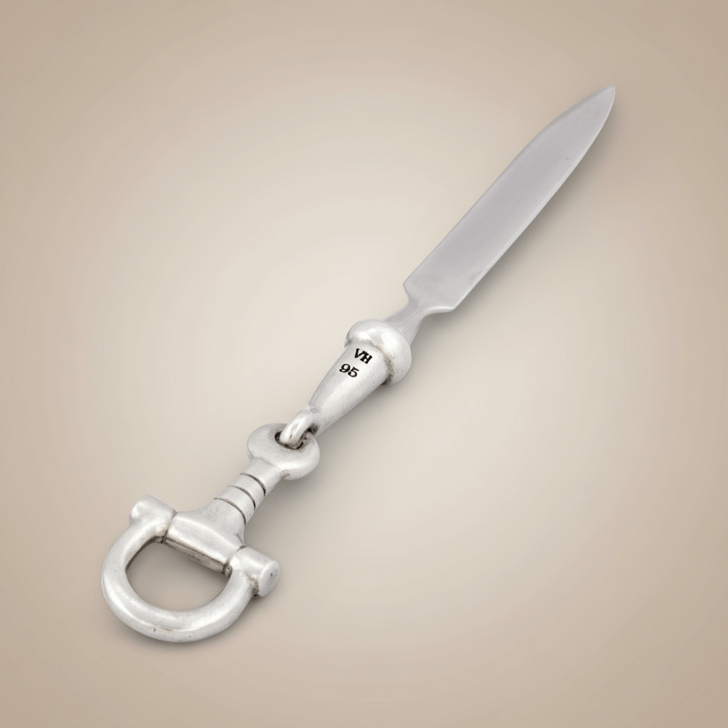 Equestrian Bit Letter Opener in pewter and stainless steel, elegant design for refined desk accessories.