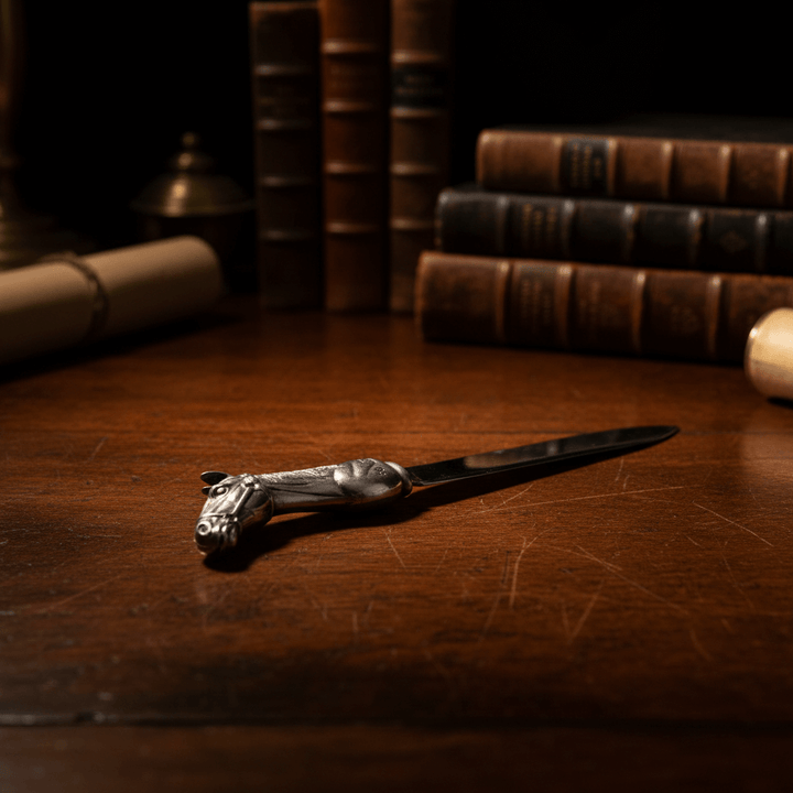 Equestrian Horse Head Letter Opener on wooden desk with books, crafted in pewter and stainless steel for refined elegance