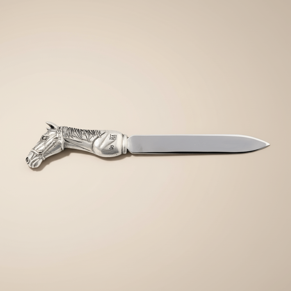 Equestrian Horse Head Letter Opener made of pewter and stainless steel, elegant desk tool with horse design for traditional decor.