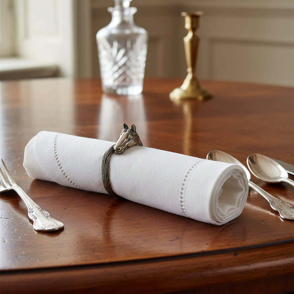 Equestrian Horse Head Pewter Napkin Ring on elegant dining table setting with vintage silverware and crystal decor