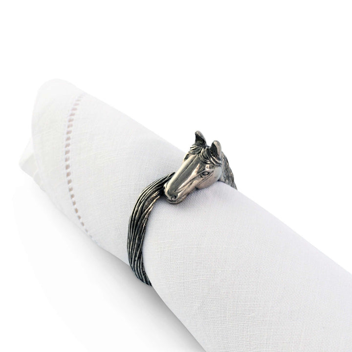 Equestrian Horse Head Pewter Napkin Ring on elegant white napkin