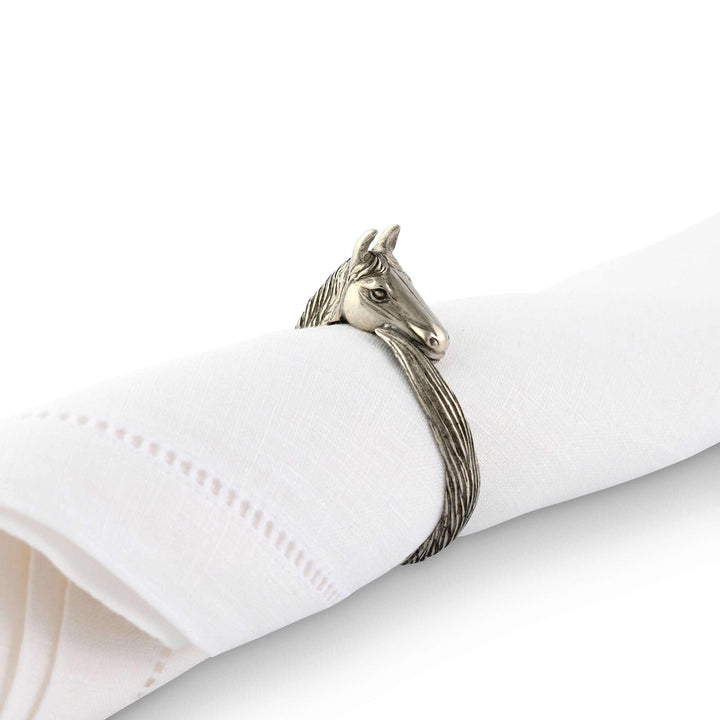 Equestrian Horse Head Pewter Napkin Ring on folded white napkin, capturing grace and nobility for elegant dining settings.