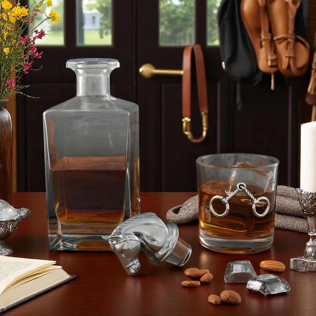 Equestrian Horse Head Whiskey Decanter Set on a table with a glass, showcasing elegant barware design.