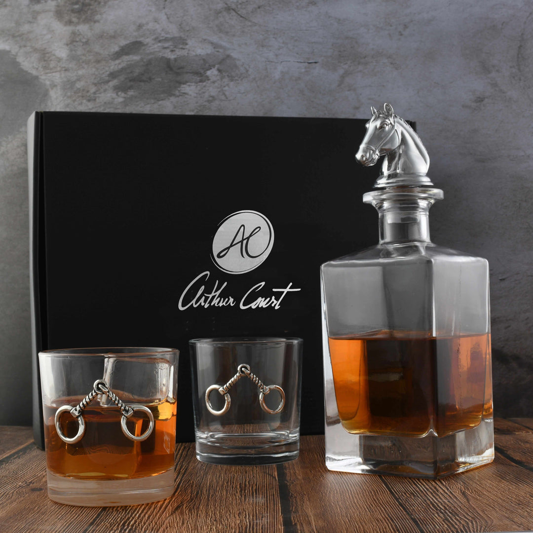 Equestrian Horse Head Whiskey Decanter Set with two glasses, ideal for an Old World manor aesthetic, displayed with elegant packaging.