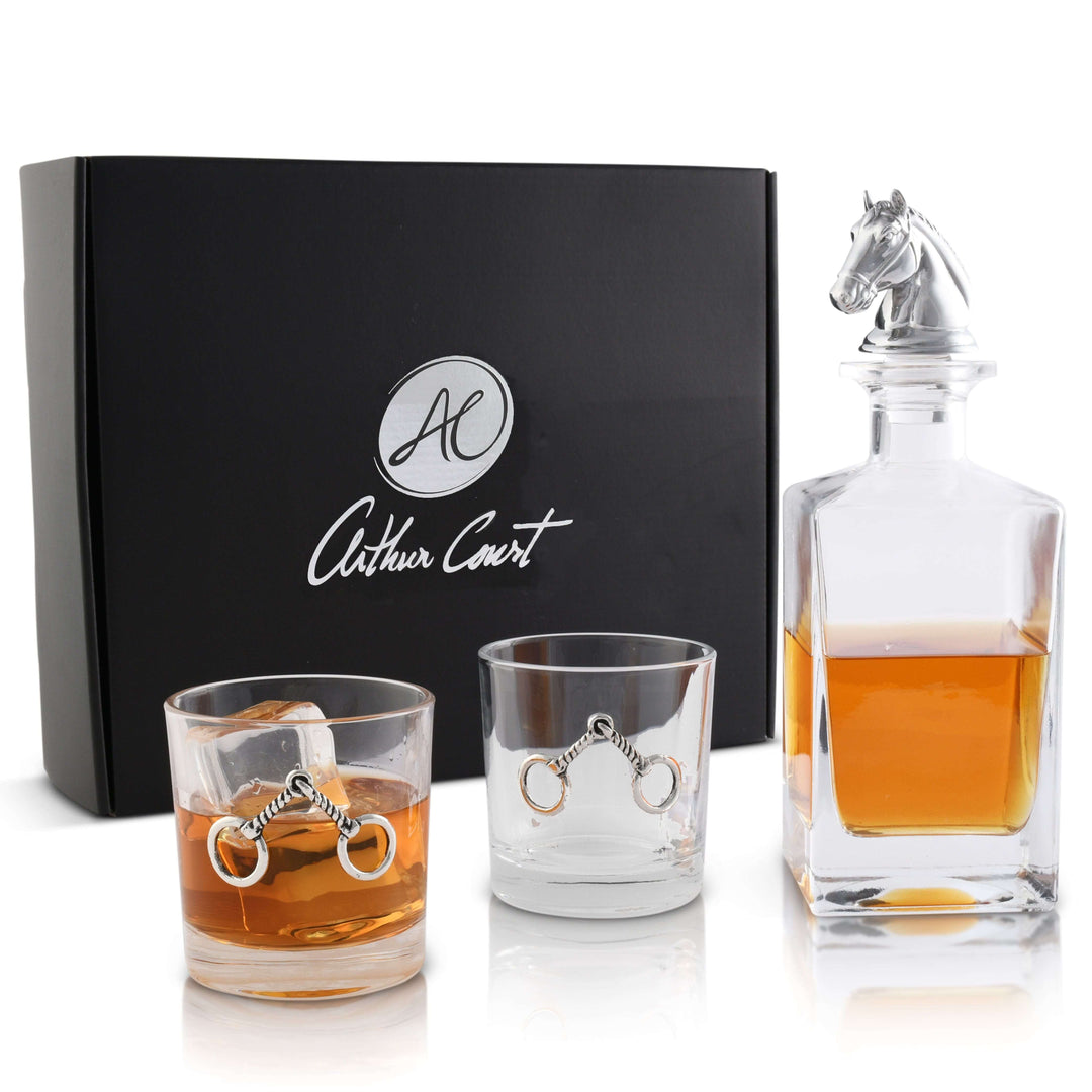 Equestrian Horse Head Whiskey Decanter Set with glasses and gift box.