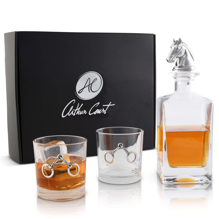Equestrian Horse Head Whiskey Decanter Set with glasses and gift box.