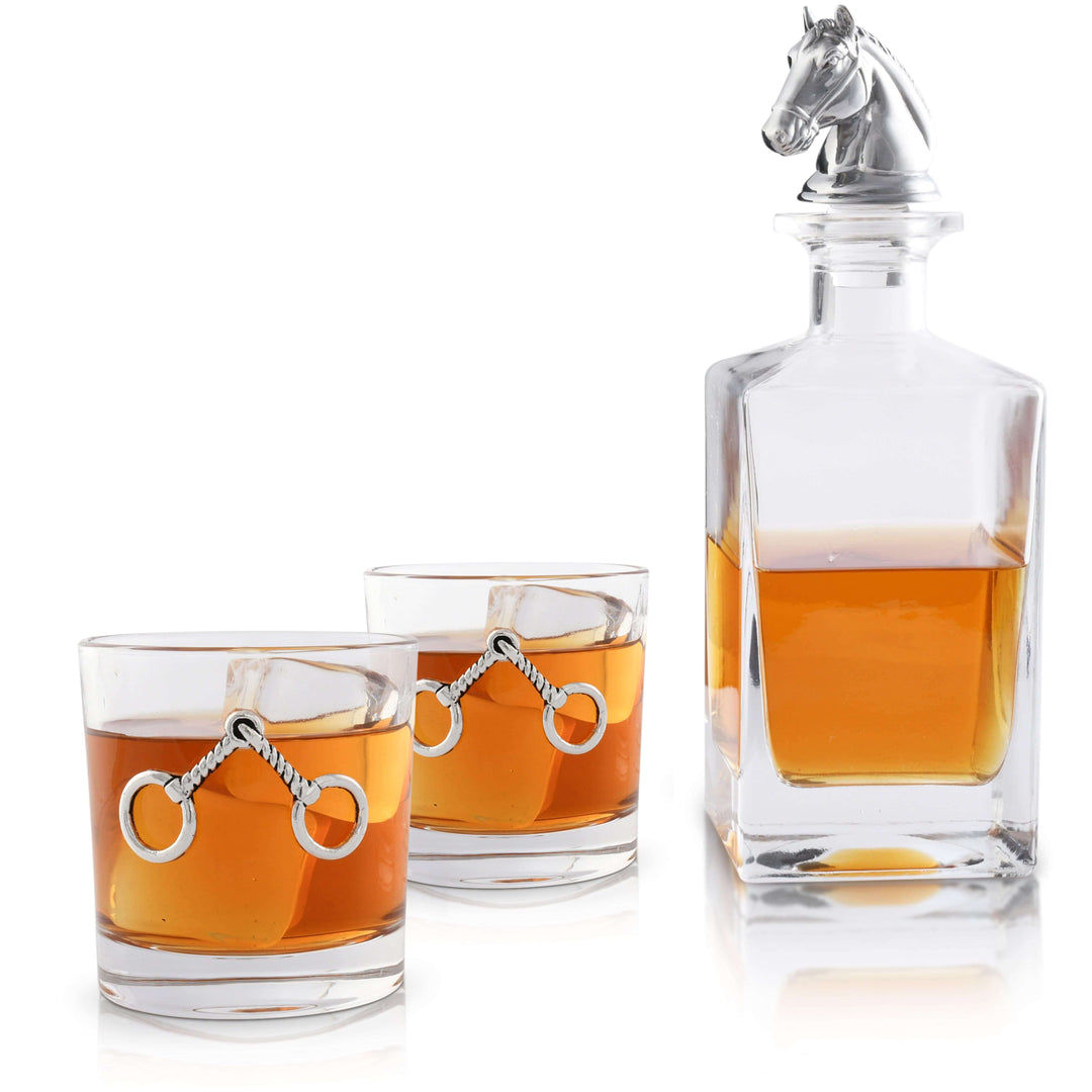 Equestrian Horse Head Whiskey Decanter Set with two glasses, featuring unique horse-themed design, perfect for Old World manor style bars.