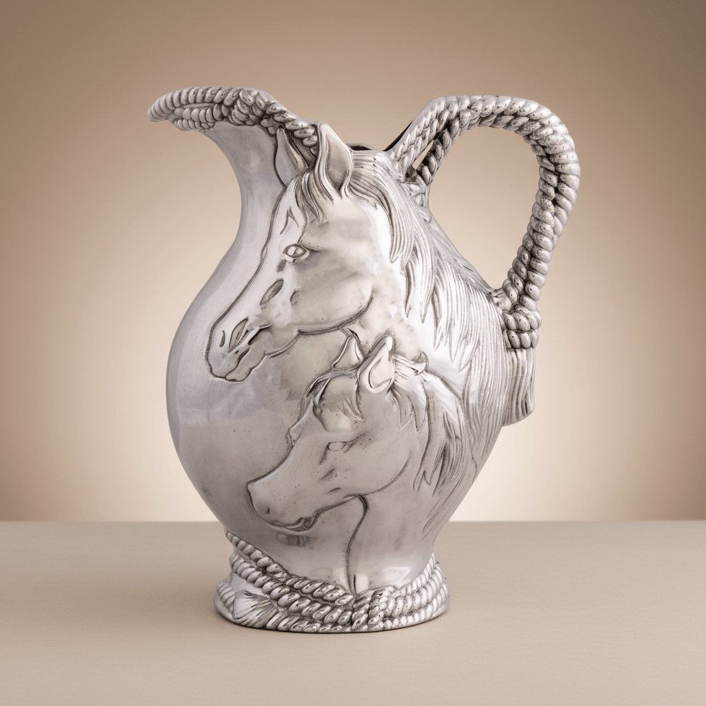 Equestrian Horse and Rope Pitcher featuring sculpted mare and foal design, highlighting refined Western style in metallic finish.