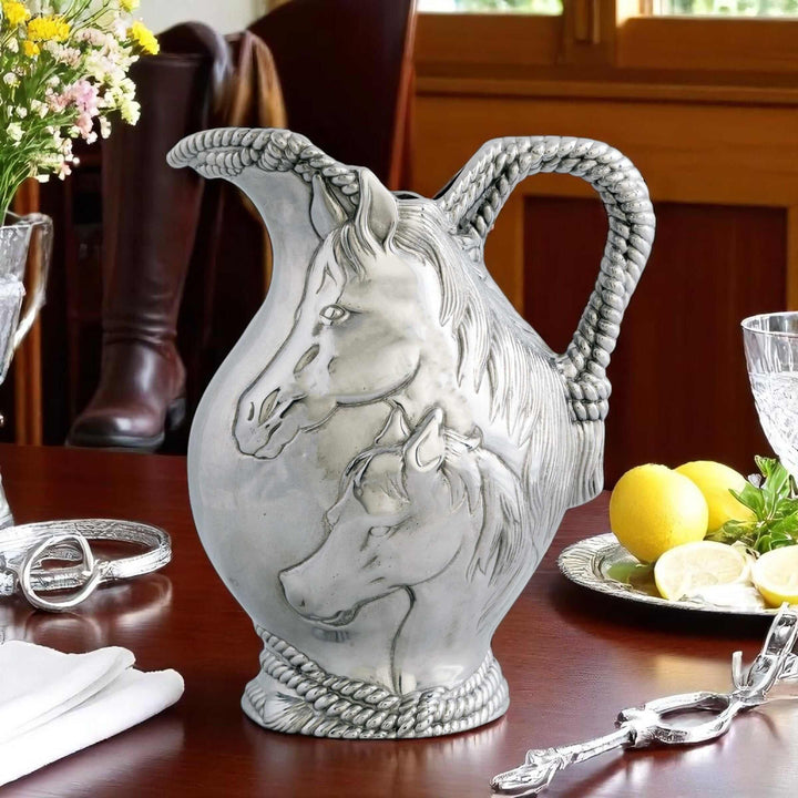 Equestrian Horse and Rope Pitcher, sculpted relief of mare and foal, western style decorative pitcher for home decor
