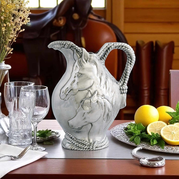 Equestrian Horse and Rope Pitcher featuring mare and foal sculptural relief in a refined western style on a dining table