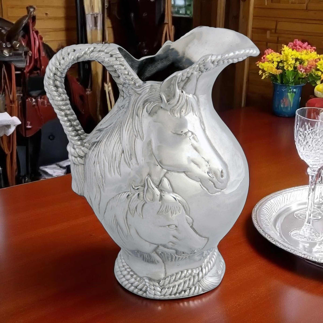 Equestrian Horse and Rope Pitcher in sculpted relief on wooden table, featuring mare and foal design with western style.