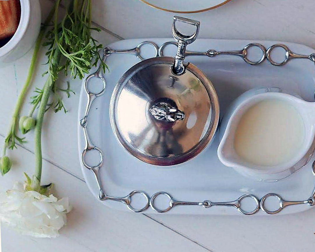 Equestrian Sugar and Creamer Set with Pewter Horse Head Details, featuring a decorative serving tray with artisanal design elements.