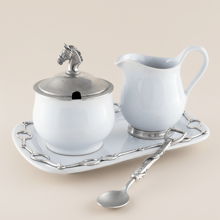Equestrian Sugar and Creamer Set with Pewter Horse Head Details on tray, elegant stoneware for tea or coffee service.