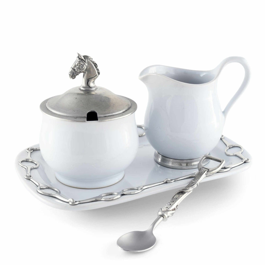 Equestrian Sugar and Creamer Set with Pewter Horse Head Details on tray with ornate spoon