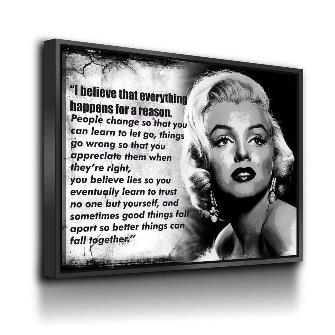 Marilyn Monroe “Everything Happens For A Reason” Wall Art featuring a black-and-white portrait with a motivational quote.