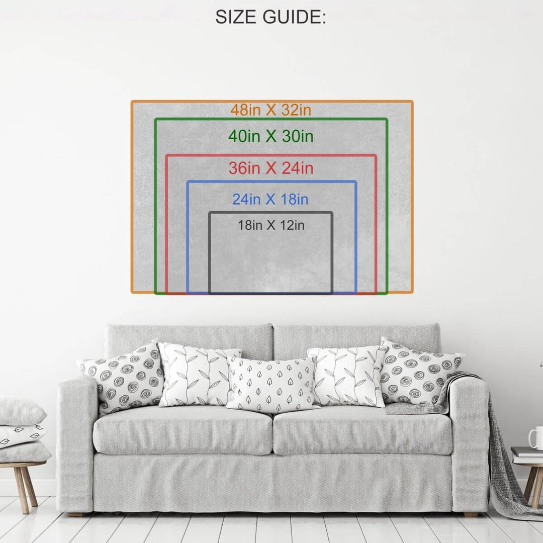 Wall art size guide above a sofa, illustrating various dimensions from 18x12in to 48x32in, helping customers choose the perfect fit.