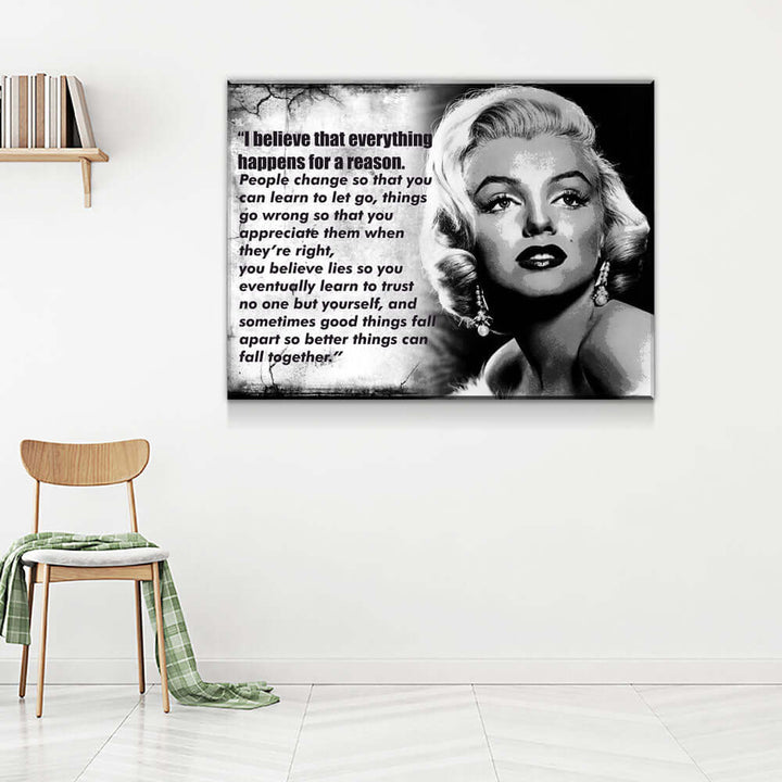 Marilyn Monroe “Everything Happens For A Reason” wall art, black-and-white canvas with motivational quote and mid-century Hollywood charm.