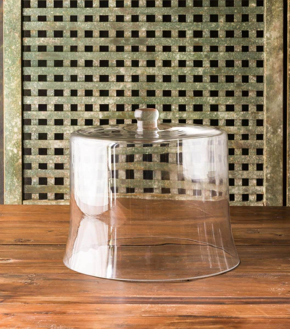 Extra tall glass cloche for multi-tiered cakes on wooden surface, ideal for showcasing elegant cake displays.