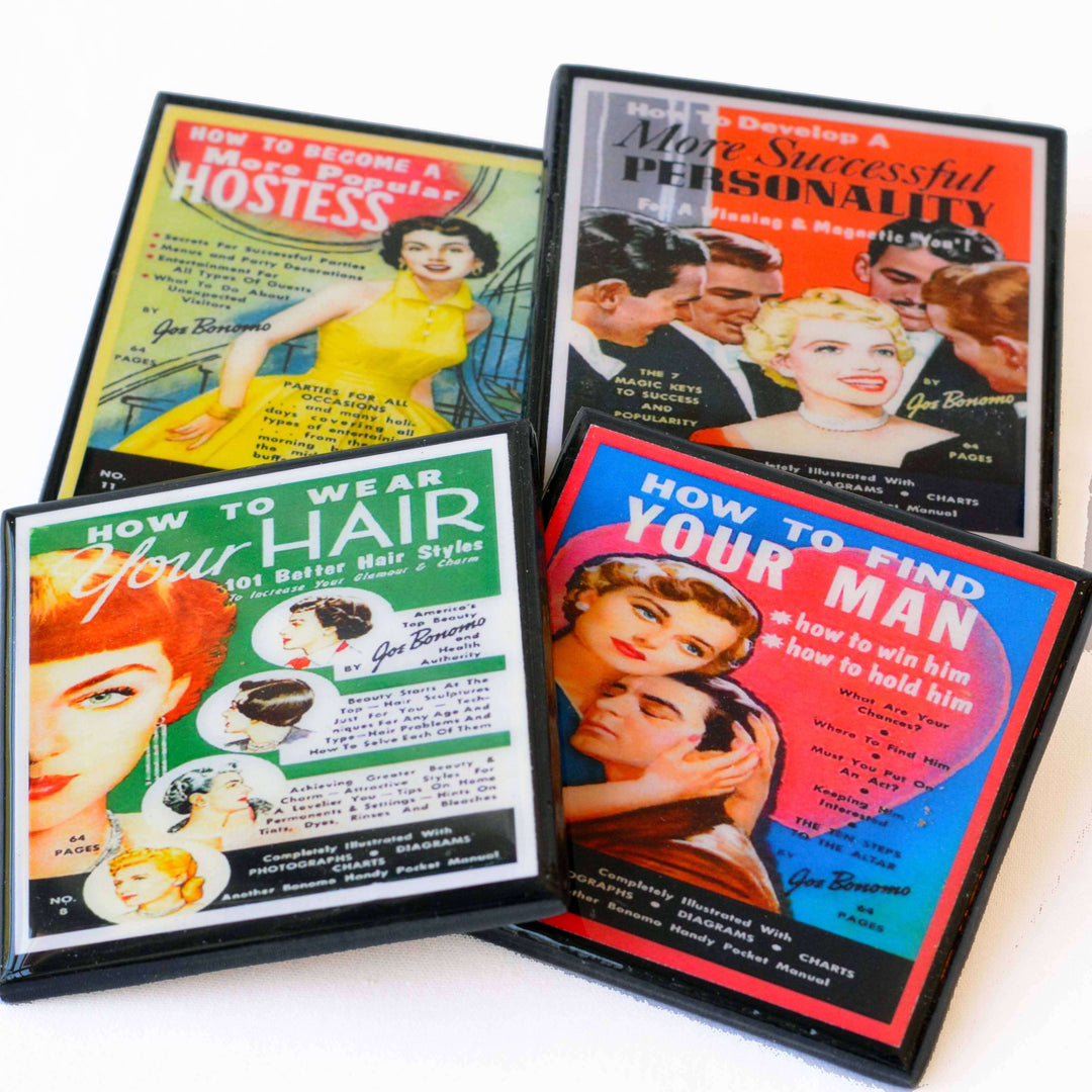 Four vintage coasters on a white background