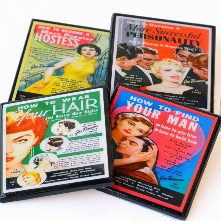 Four vintage coasters on a white background