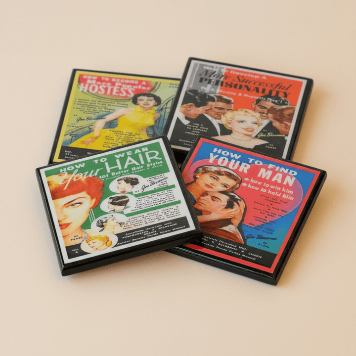 Four vintage-style book coasters on a beige background