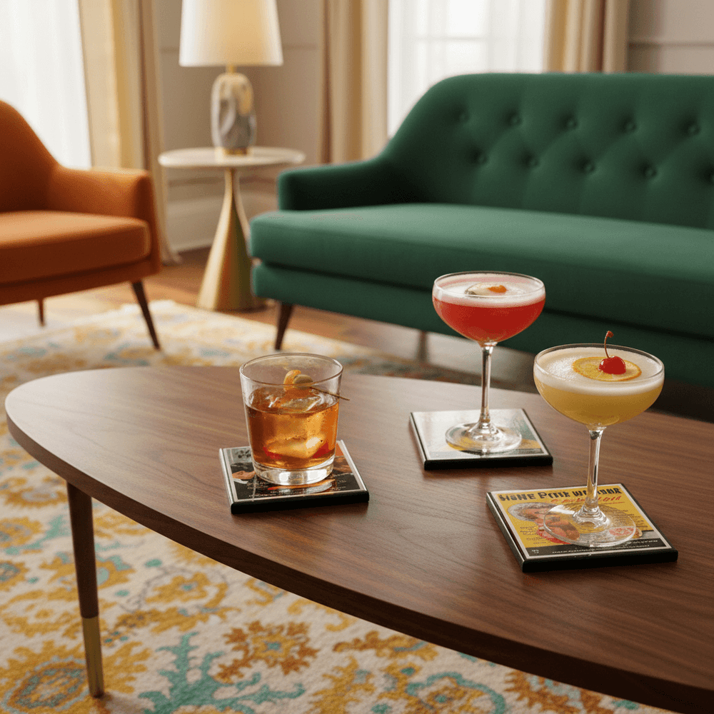 Three cocktails on a wooden table in a stylish living room with a green sofa and orange chair.