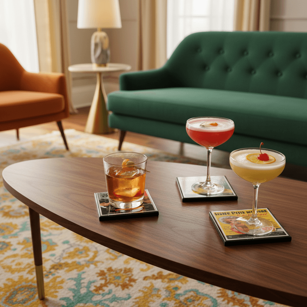 Three cocktails on a wooden table in a stylish living room with a green sofa and orange chair.