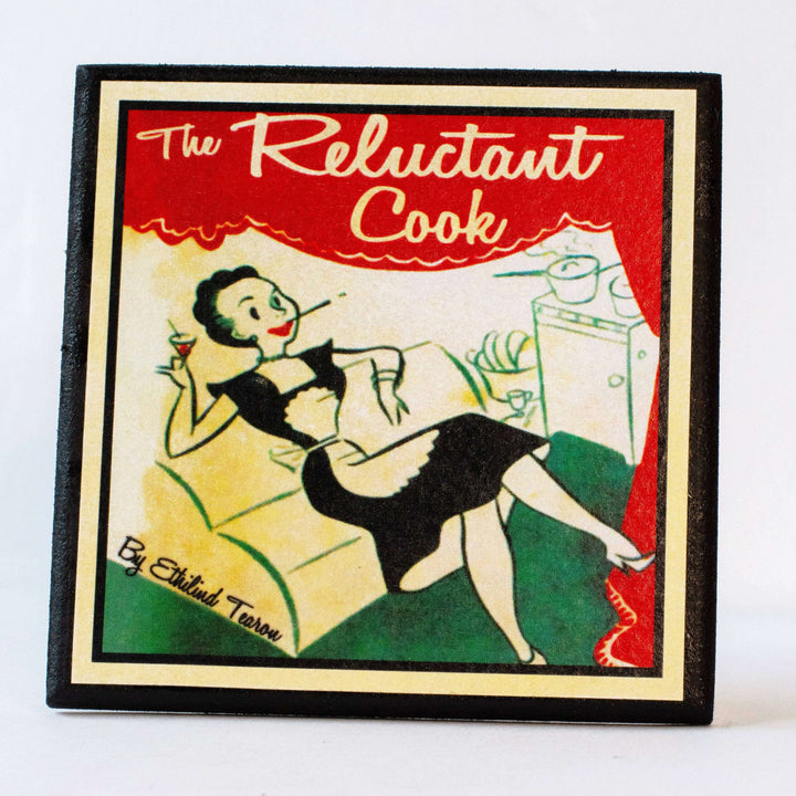 Book cover coaster of 'The Reluctant Cook' with a woman smoking a cigarette on a couch.