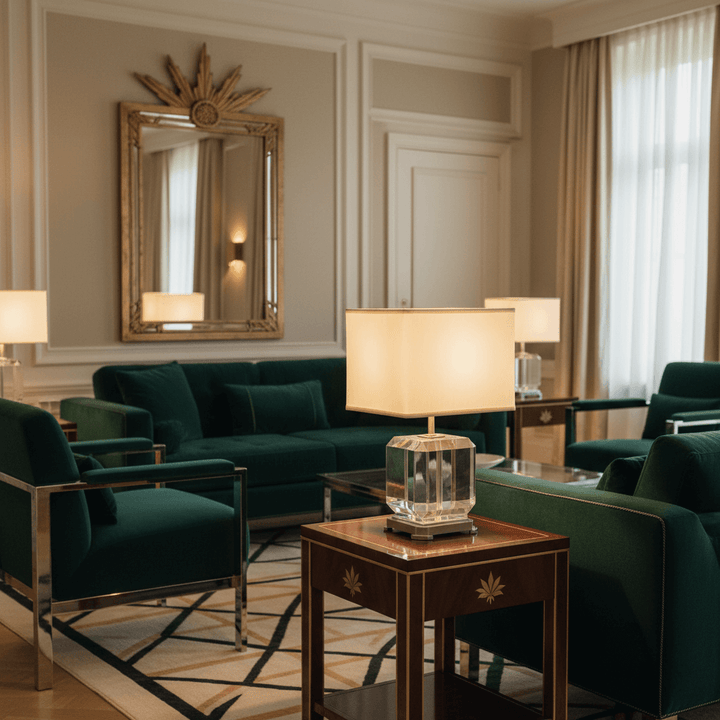 Luxurious living room with green velvet furniture, a lamp, and decorative mirror.
